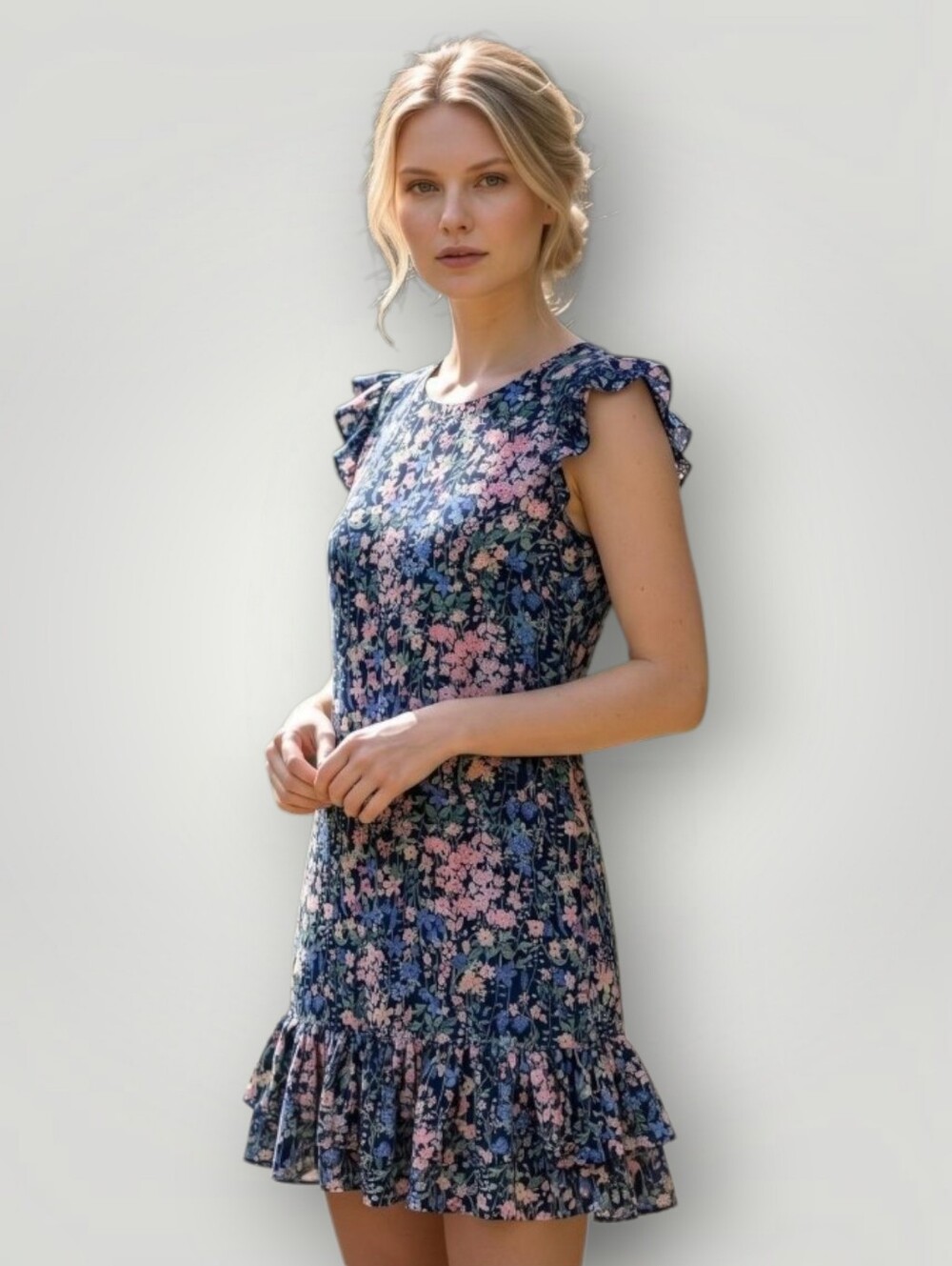 Tommy Hilfiger Women's 8 Navy Floral Flutter Sleeve Tiered Ruffle Hem Dress